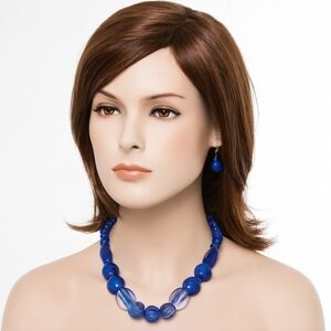 Blue Chunky Beaded Statement Necklace & Earrings Set – Silver Women Jewelry, 18"